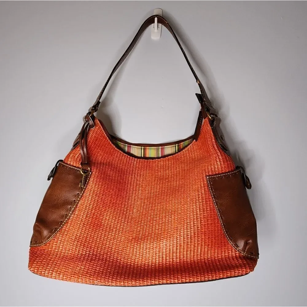 Fossil Woven Straw Brwn Leather Hobo Boho Tote Shoulder Hand Bag Purse 75082